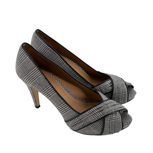 Talbots Houndstooth Peep Toe Heels 9 Black White Plaid Pumps Academia Prep - Picture 2 of 7